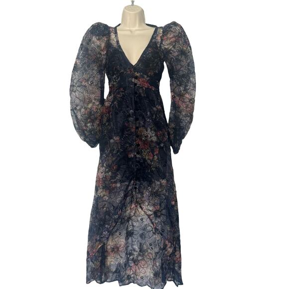 For Love & Lemons Sophia Sheer Puff Sleeve Midi Dress Black Navy Floral XS - Picture 4 of 14